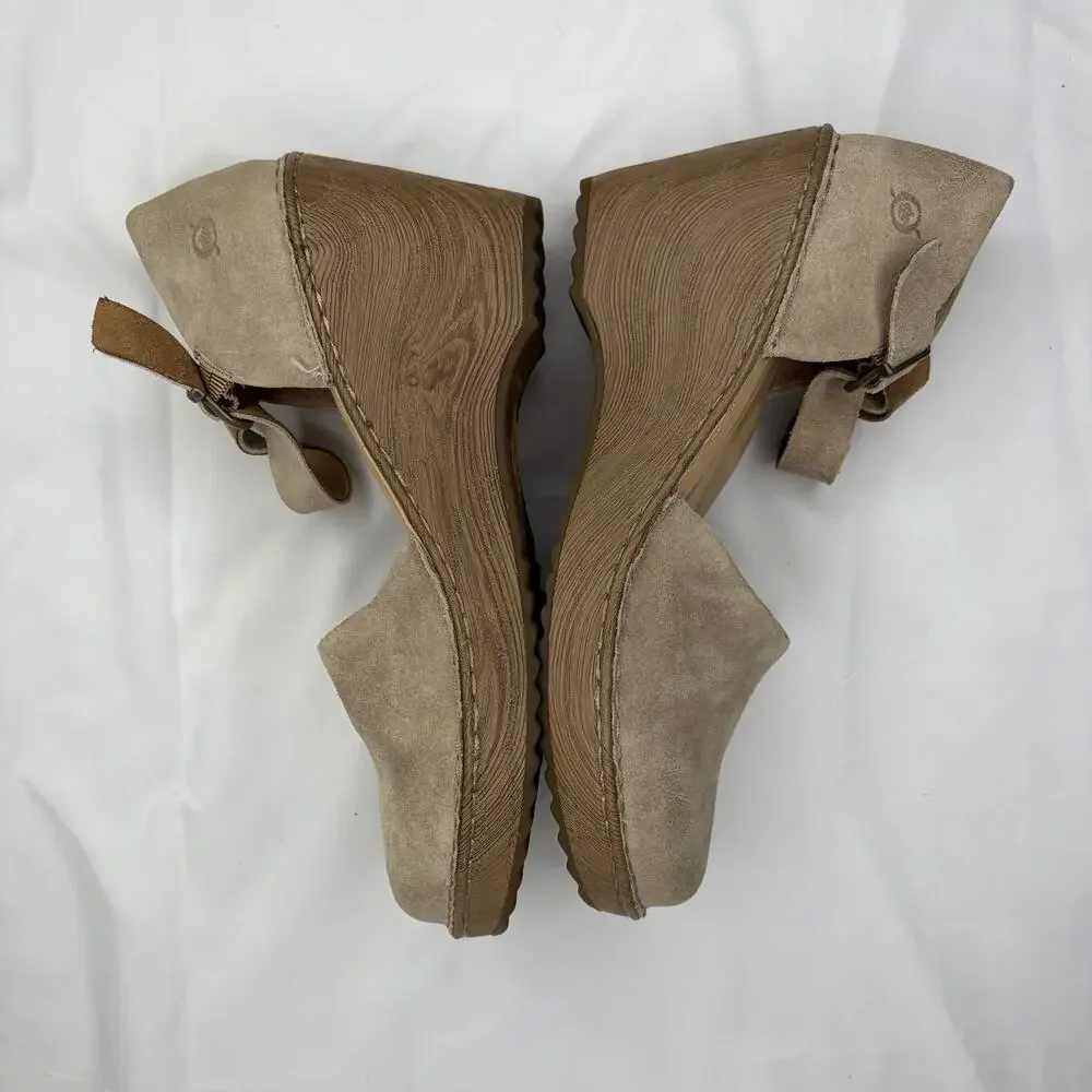 Born Nellie Wedge Mary Jane Leather Shoes Suede Tan Color Size 11M, boho-chic